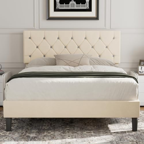 VECELO Double Rembourré 140x190 cm, Tête de Lit Réglable, Support à Lattes en Bois Solide,...