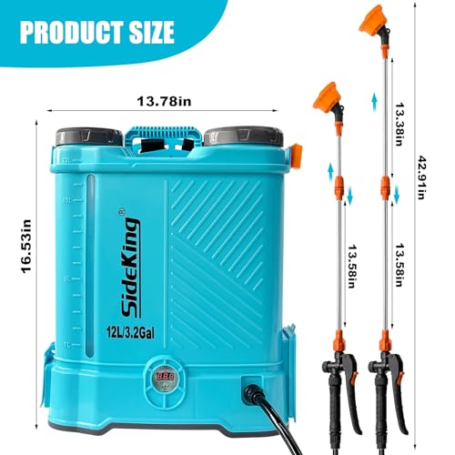 SideKing Battery Powered Backpack Sprayer 3.2 Gallon, 0-80 PSI Adjustable Pressure Sprayer Compatible with 18V Battery, Electric Sprayer with Wand, 5 Nozzles, 2.0Ah Battery&Charger Included