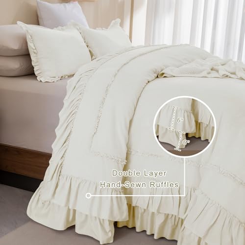 Image of QSH Oversized King Ruffle Comforter 128x120,3PCs Ivory Farmhouse Lightweight Ruffled Bed Comforter Set Soft Microfiber Shabby Boho Chic California King Bed Comforter Set French Country Bedding