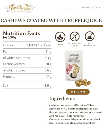 Image of TartufLanghe Truffle Cashew Nuts - Lightly Salted, Roasted, and Coated with Natural Black Truffle Juice, for Snacks, Topping Salads, and Appetizers - 1.76 oz