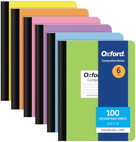 Oxford Kompozisyon Defterleri, 6'lı Paket, Kolej Çizgili Kağıt, 9-3/4 x 7-1/2 inç, 100 Yaprak, Çeşitli Pastel Kılıflar (63760) - Görsel 1