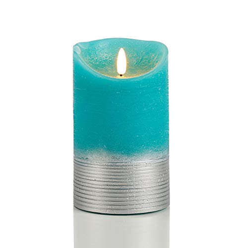 glowiu Flameless Flickering LED Candles Real Wax Pillar Battery Candle (3.5x5.9 Red) 6/18Hrs Timer Rustic Finish with Silver Coating (Rustic Blue)