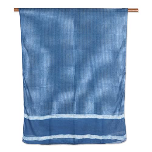 NOVICA Artisan Handmade Cotton Shawl Blue White Mud Resist Striped Block Print Accessories Shawls India ' Dabu Blue'