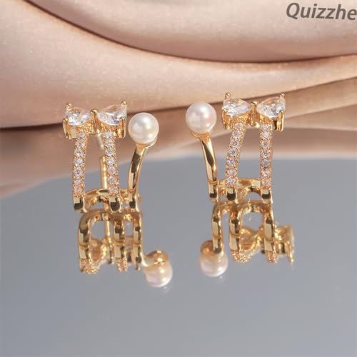 Trendy Claw Silver Dainty Bow Rhinestone Earrings - Shiny CZ Half Hoop Studs, Piercing Cartilage Wrap, Tiny Chic Pearl Illusion Jewelry for Teen Girls3