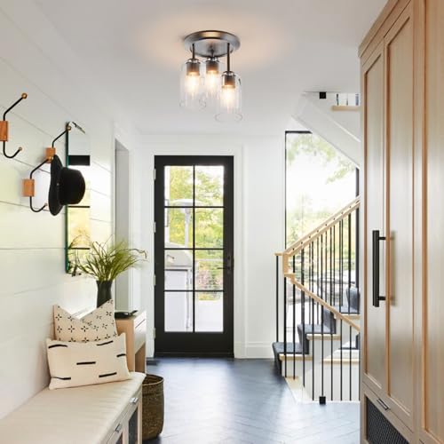 Kalium 3-Lights Semi Flush Mount Ceiling Light Fixture, Matte Black Light Fixtures, Ceiling Light for Kitchen, Foyer, Entryway, Farmhouse, Home Decor, Clear Glass Shade. - Image 4