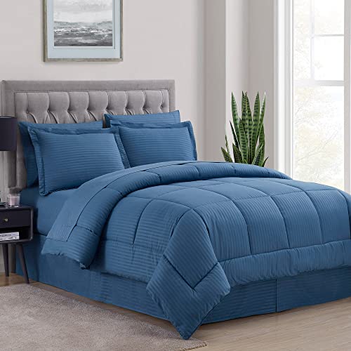 Image of Sweet Home Collection 8 Piece Comforter Set Bag with Dobby Stripe Design, Bed Sheets, 2 Pillowcases, 2 Shams Down Alternative All Season Warmth, King, Denim