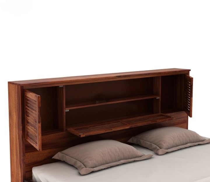 Image of Solid Sheesham Wood Bed with Storage | Wooden Bed with Drawer Storage & Designer Headboard | Strong & Durable Bed Frame for Bedroom Home & Hotel (Honey Finish, King)