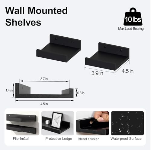 Image of Small Black Floating Shelves for Wall, Shelf with Lip Set of 2, 4 in