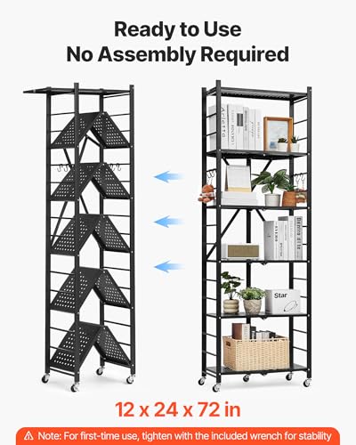 Image of VEVOR 6-Tier Foldable Storage Shelf, 24W x 12D x 72H Inch Folding Metal Rack Shelving Unit, No Assembly Organizer Shelf with 5 Wheels & 4 Hooks for Pantry, Kitchen, Garage, Basement, Black