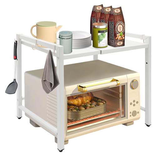 ILWorkTLs 2 Tier Extendable Microwave Oven Rack,Adjustable Kitchen Countertop Shelf,Microwave Stand with 6 Hooks for Kitchen Countertop