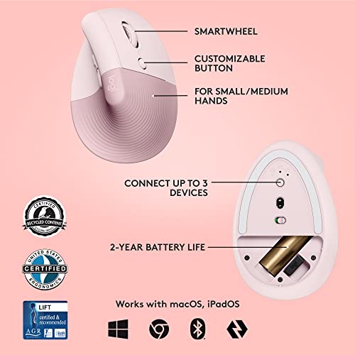 Logitech K380 Multi-Device Bluetooth Wireless Keyboard And Lift Vertical Ergonomic Mouse Combo, Quiet, Multi-Device, Compact, 2 Year Battery, Windows/Macos/Ipad Os, Laptop, Pc - Rose #TOP5