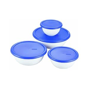 Image of STERILITE Bowl Set White With Blueberry Lids Shrinkwrapped 8 Pc.