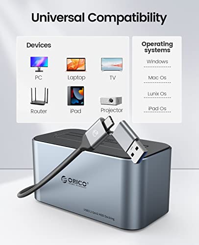 ORICO Aluminium Festplatten Dockingstation, 6Gbps USB 3.2 Gen 2 SSD/HDD Docking Station für SATA 2,5/ 3,5 Zoll bis zu 18 TB, mit 12V 2A Netzteil, Unterstützt USB A und USB C, Werkzeugfrei(6616C3) – Bild 7