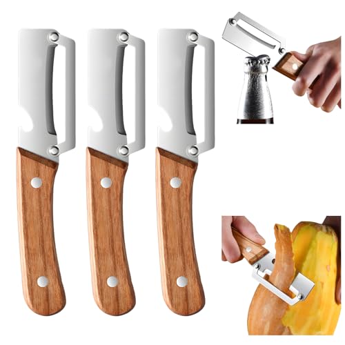 Multi-Functional Vegetable Peeler for Kitchen, Premium Vegetable Peeler with Wooden Handle and Bottle Opener Stainless Steel Blade Kitchen Tool for Fruit Apple Potato Pumpkin Papaya Zucchini (3PC)