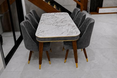 Image of WOODEN SPACE 6-Seater Wooden Dining Table Set | Nano Composite Marble Top | Solid Wood Base | Modern Dining Room Furniture with 6 Chairs (Darkgrey Frontline)
