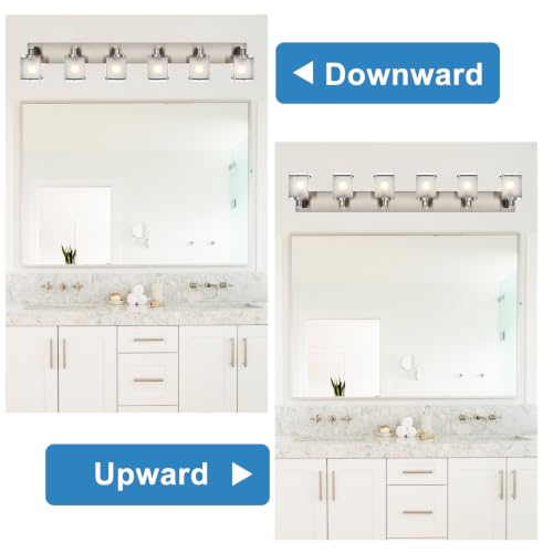 Image of 6-Light Bathroom Light, Brushed Nickel Vanity Light Fixture Over Mirror, Modern Wall Lamp with Rectangular Frosted Glass Shade, Wall Sconce Lighting for Living Room Bedroom Hallway