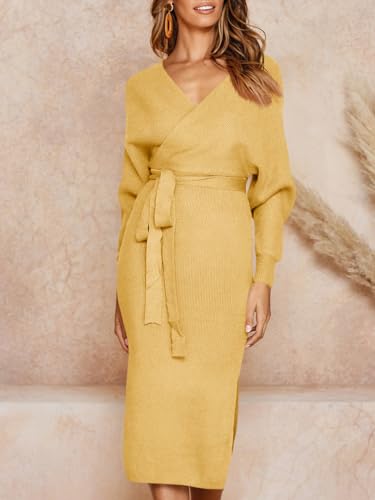 Image of Chang Yun Women's Long Maxi Sweater Dresses Sexy Wrap Batwing V Neck Slit Open Back Holiday Bodycon Dress with Belt
