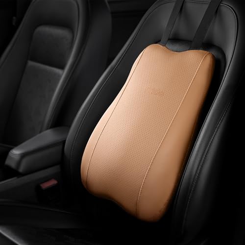 Image of Frido Premium Car Back Rest Cushion with Lumbar Support Pillow for Driving, Hi-Per Memory Foam Back Support and Luxe Leatherette Cover, Relieves Back Pain and Improves Posture for Long Drives | Tan