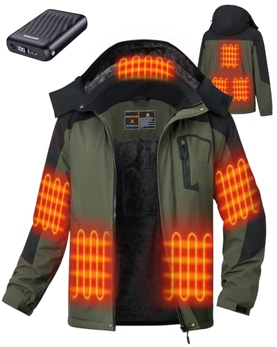 GOTOBI Chaqueta Calefactable Hombre Con Batería Externa De 12V 18400 Mah, 8 Zonas De Calentamiento, 3 Niveles De Temperatura, Parka De Invierno Hombre Con Capucha ExtraíBle,Verde,L