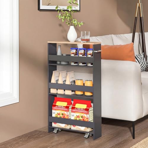 COSTWAY Nischenwagen 13cm breit, Nischenregal Badregal 4 Etagen, Nischenschrank auf Rollen, Servierwagen schmal, Küchenwagen mit Griff, Rollwagen Bad, Holz, 47,5x13x80,5cm (Grau+Natur)
