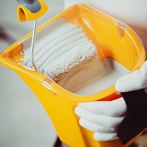 HARDY WORKING TOOLS Farbeimer mit 5 Stück transparenten Einlagen, 2L Farbbecher, regulierbarer Griff, Kunststoffeimer, Baueimer mit speziellen Rillen, gelb, A0146-329901