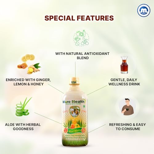 Image of Aloe More Aloe Vera Juice 500ml +100ml extra | Natural Detox Drink with Honey, Ginger & Lemon | Ayurvedic Health Drink for Glowing Skin & Healthy Hair| Improves Digestion & Detoxifies Body | Pack of 1