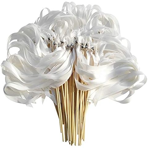 50PCS Ribbon Wands with Triple Ribbon and Silver Bell Party Wand Party Favors Streamers Ribbon Sticks Magic Fairy Wands for Wedding Decors Cover
