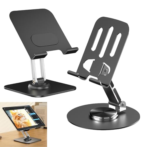 Juego de 2 soportes para tableta, soporte para tableta para escritorio y soporte de teléfono de metal, compatible con soporte para iPad para escritorio, accesorios plegables ajustables de 360°, puede