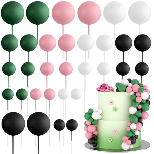 ASTARON 32 piezas de bolas para decoración de tartas, mini globos, palitos para decoración de tartas, bolas de espuma, púas para tartas para bodas, fiestas, cumpleaños (rosa, verde y negro)