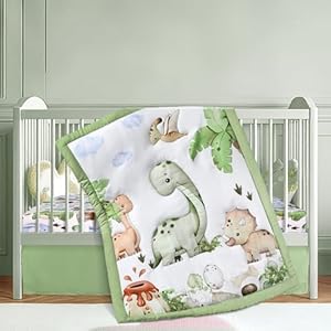 3 Pcs Baby Crib Bedding Set Safari Animals Dinosaurs Teddy Bear Woodland Animals Jungle Crib Set Includes Quilt, Fitted Sheet, Skirt for Baby Boy Girl(Green,Dinosaur)