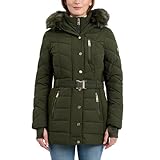 Michael Kors Womens Hooded Puffer Jacket with Faux Fur Trim and Belt, Heavy Winter Jackets for Women, Olive, Medium