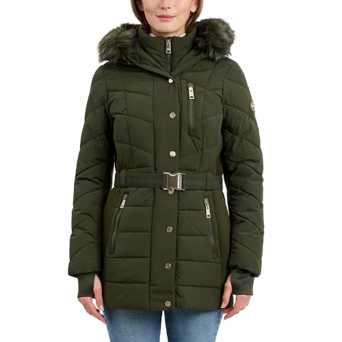 Image of Michael Kors Womens Hooded Puffer Jacket with Faux Fur Trim and Belt, Heavy Winter Jackets for Women, Olive, Medium