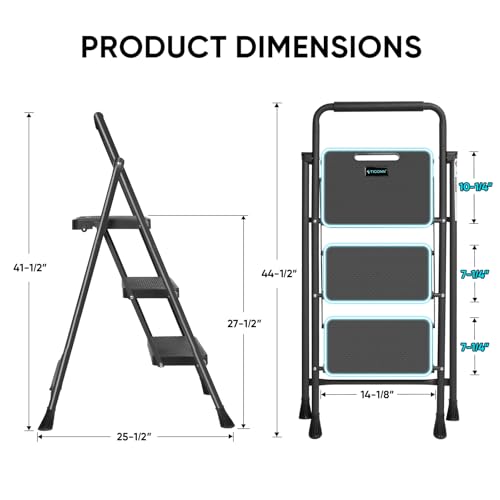 image for TICONN 3 Step Ladder, Heavy Duty Foldable Step Stool, Portable Steel F