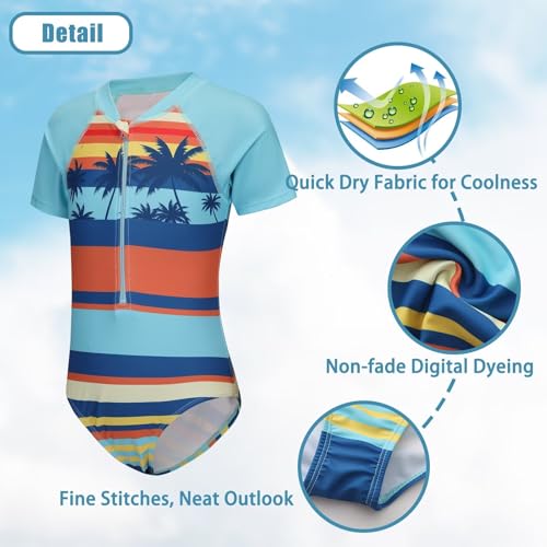 Image of Girls One Piece Rash Guard Swimsuits for Kids Girls Short Sleeve Bathing Suits with Front Zipper Swimwear 3-16 Years