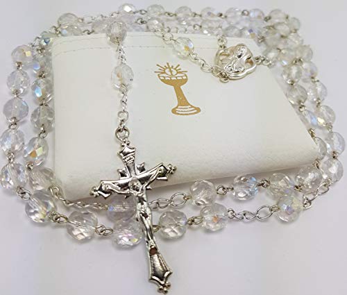 Christshop Kommunion Kristall Rosenkranz weiß mit Etui Kelch-Set 2