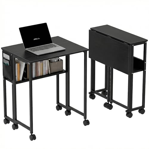 HOMCOM Folding Desk with Storage Shelf and Bag, 63 cm Foldable Computer Desk for Small Spaces, Space Saving Writing Table on Wheels for Home Office, Bedroom, Easy Assembly, Black
