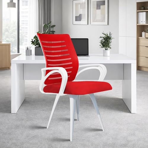 Image of ROSE Elite | 3 Years Brand Warranty | Ergonomic Office Chair, Study, WFH, Revolving, Rolling, Desk, Task, Laptop, Student Chair (White & Red, Elite MB Reception)