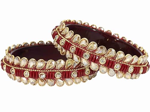 Image of NMII Glass Golden Zircon Stone & Kundan Beads Kada Set For Women & Girls | Fancy Design Kada Bangles | Traditional Look Kangan | Glass Bangles For Women Wedding, Party, Function, Daily use- Set of 2