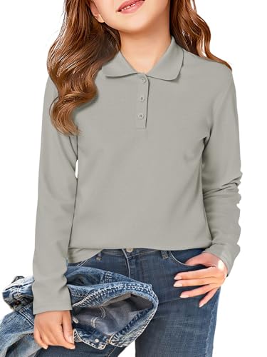 Haloumoning Girls School Uniform Long Sleeve Polo Shirt Kids Golf Pique Polo Shirts 5-14 Years Grey