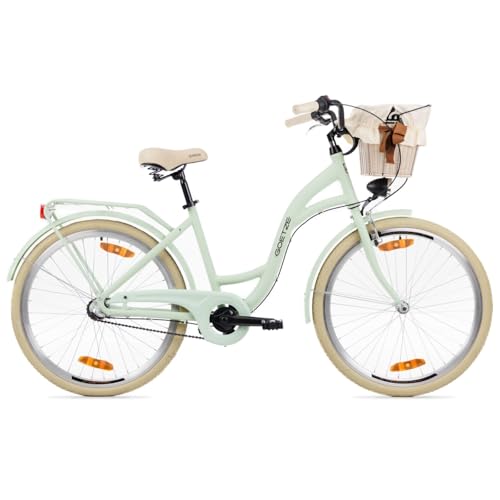 Goetze Style 26 Zoll Jugend Citybike, 17 Zoll Tiefeinsteiger Aluminiumrahmen, 3-Gang Nabenschaltung, Rücktrittbremse, V-Bremse vorne, LED-Beleuchtung, Rattankorb, Komfortsattel, mit Ständer & Klingel