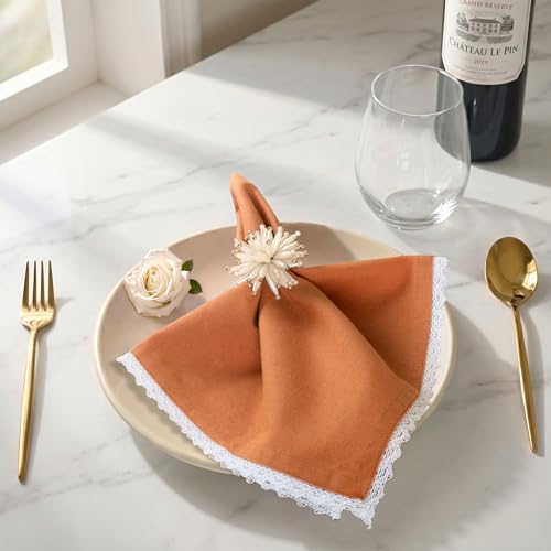 Image of FINGERCRAFT Lace Trim Cloth Napkins Set of 6, 20x20 Inch Cotton Linen Blend Dinner Napkins, Reusable Washable Table Napkins for Wedding, Farmhouse Dining, Parties & Home Decor (Rust)