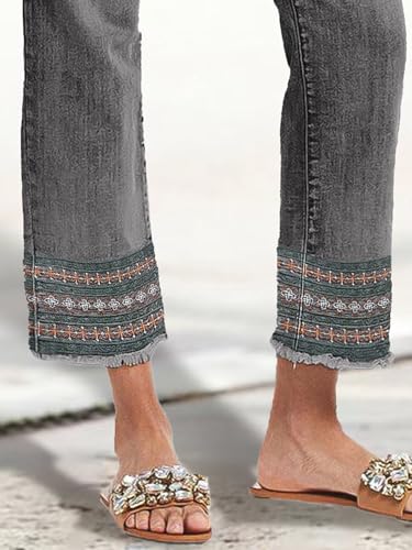 Flamingals Straight Leg Jeans for Women Low Rise Cropped Jeans Wash Embroidery Raw Hem Denim Pants Gray S2