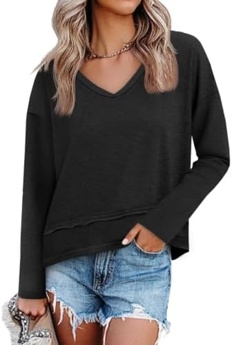 Cicy Bell Damen Langarmshirt V-Ausschnitt Oversize Oberteil | Langarm,Loose Fit,Casual,Basic,Top,Longsleeve,Sweatshirt,Pullover,Tunika,Bluse