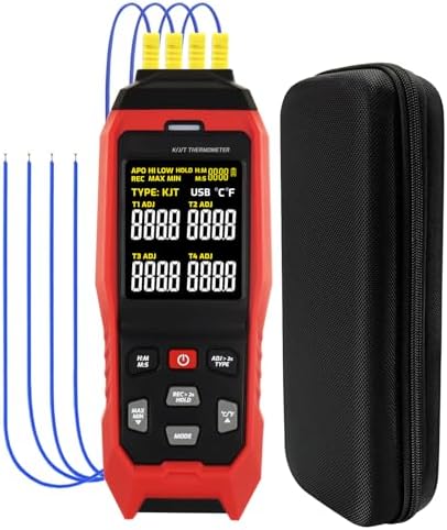 Thermocouple Thermometer Temperature Data Logger 4-Channel K/J/T Type Thermometer with 5000 Groups Data Logging and USB Export, -328~2501℉ Range HVAC Thermocouple Meter with Alarm & ADJ Compensation