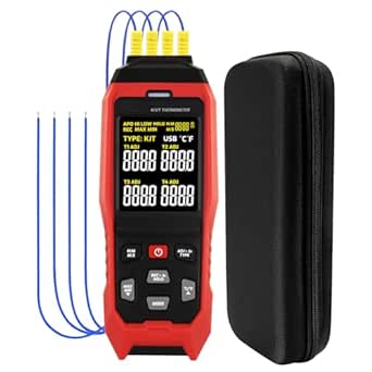 Thermocouple Thermometer Temperature Data Logger 4-Channel K/J/T Type Thermometer with 5000 Groups Data Logging and USB Export, -328~2501H Range HVAC Thermocouple Meter with Alarm &amp; ADJ Compensation