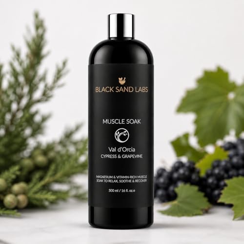 Image of Black Sand Labs Muscle Soak with Arnica Extract & Magnesium Flakes - Post-Workout Recovery - Nourishing Soak with Jojoba & Coconut Oil - Mens & Womens Muscle Bath Soak - 500ml (Cypress & Grapevine)