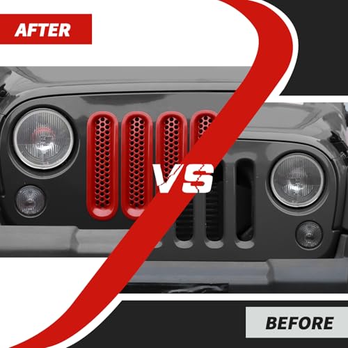 Image of Front Grille Inserts Grill Mesh Clip-on Trim Covers Exterior Accessories Compatible with Jeep Wrangler JK & JKU 2007-2017,Red