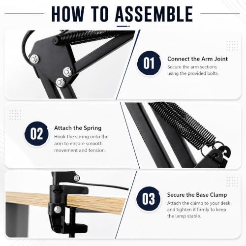 Image of One94Store Adjustable Metal Study Table Lamp with Flexible Neck & Swing Arm | E27 Bulb Holder with 2W Bulb Included | Button Control | Desk Lamp for Reading, Study, Office, Bedroom, Black