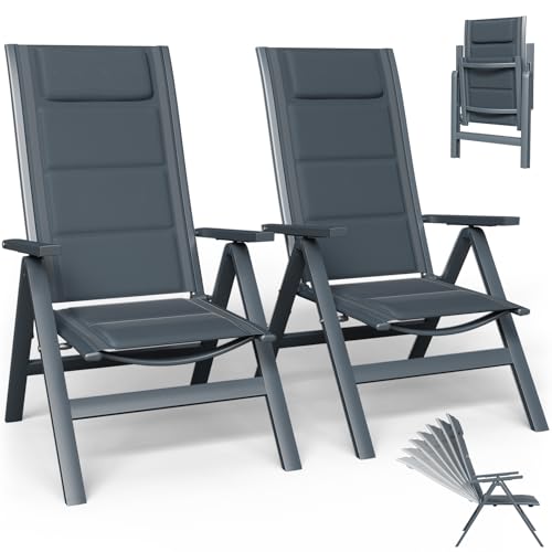TRIUMPHKEY Gartenstuhl mit hoher Rückenlehne, 2er Set Klappbare Campingstühle aus Aluminium mit Kopfkissen & Abdeckung, 7-Fach verstellbare Rückenlehne, wasserfest und rutschfest, hellgrau