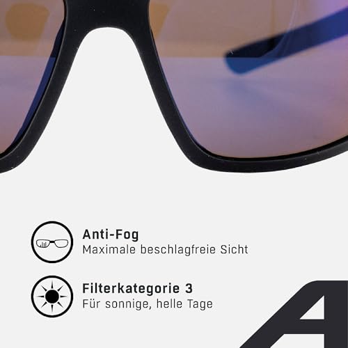 ALPINA DEFEY - Verspiegelte und Bruchsichere Sport- & Fahrradbrille für Erwachsene, Anti-fog, bruchsicher, mit UV-A-, B- & -C-Schutz, black matt (blue)